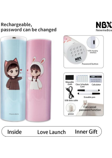 USB Uzun 010 Stili Yeni USB Şarj Şifreli Kilitli Okul Kırtasiye Kutusu Sevimli Çizgi Film Kedi Penguen Silindir Kalem Kutusu (Yurt Dışından)