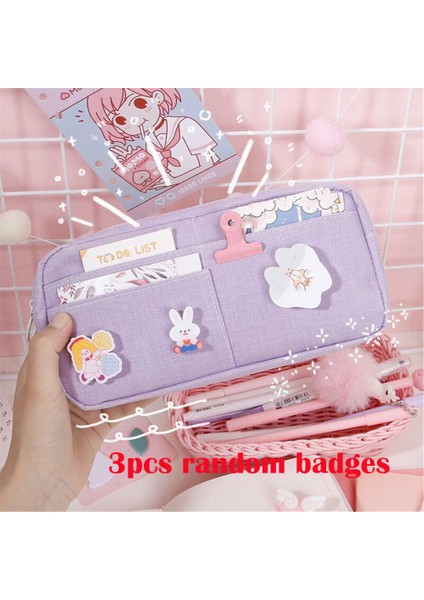 Mor Tarzı Sevimli Kalem Kutusu Şeker Renkli Kalem Çantası Rozetli Büyük Kapasiteli Kalem Kutusu Tuval Kırtasiye Tutucu Düzenleyici Okula Dönüş (Yurt Dışından)