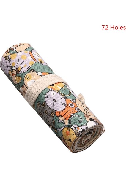72 Delik Stili Karikatür Kedi Delikli Tuval Rulo Kalem Perde Kalem Çantası Makyaj Sarma Tutucu Depolama Malzemeleri (Yurt Dışından)