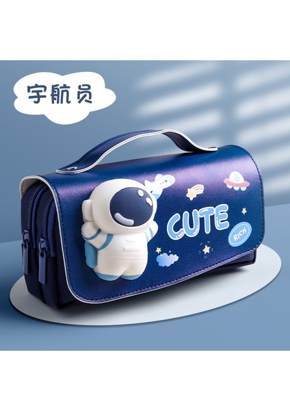 Astronot Tarzı Sevimli Kedi Tasarımı Çift Katmanlı Kalem Kutusu Okul Kılıfı (Yurt Dışından)