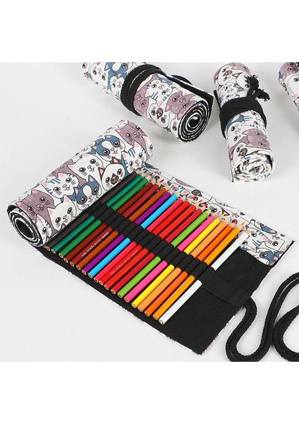 D Tipi Stili Çizgi Film Kedi Delikli Tuval Rulo Kalem Perde Kalem Kutusu Makyaj Sarma Tutucu Depolama Kılıfı Kırtasiye Malzemeleri (Yurt Dışından) fırsatları