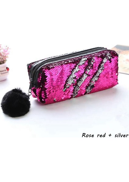 Gül Kırmızı Artı Gümüş Stili Kızlar Için Sevimli Payetli Kalem Kutusu Okul Malzemeleri Ponponlu Kalem Kutusu Okul Kırtasiye Hediye Kalem Kutusu Kılıfı (Yurt Dışından)