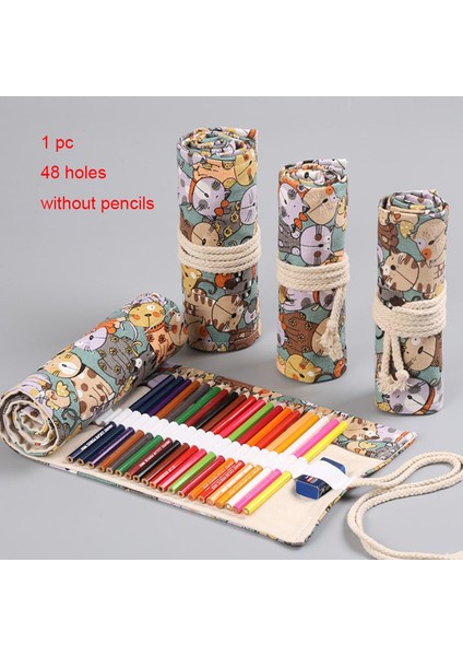 G Stili Yazın Çizgi Film Kedi Delikli Tuval Rulo Kalem Perde Kalem Kutusu Makyaj Sarma Tutucu Depolama Kılıfı Kırtasiye Malzemeleri (Yurt Dışından)
