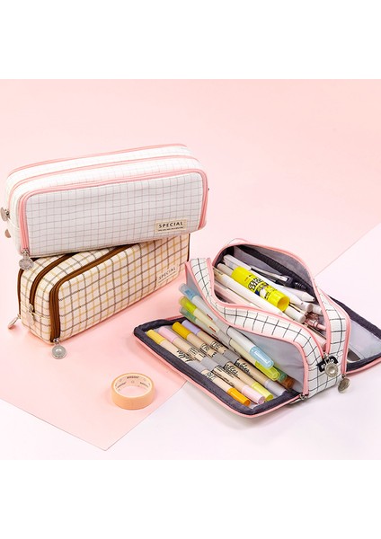 Pembe Izgara Stili Angoo Çift Taraflı Açılı Kalem Kutusu Kalem Çantası 3 Bölme Çok Renkli Izgara Noktalar Cep Saklama Pouch Kırtasiye Okul A6899 (Yurt Dışından) fiyatları