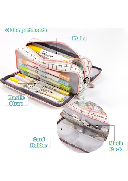 Pembe Izgara Stili Angoo Çift Taraflı Açılı Kalem Kutusu Kalem Çantası 3 Bölme Çok Renkli Izgara Noktalar Cep Saklama Pouch Kırtasiye Okul A6899 (Yurt Dışından) fırsatları