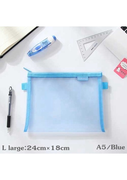 L-Büyük-A5-Mavi Tarzı Ofis Öğrenci Okul Kırtasiye Kalem Kutusu Makyaj Saklama Çantası Şeffaf Mesh Kalem Kutusu (Yurt Dışından)