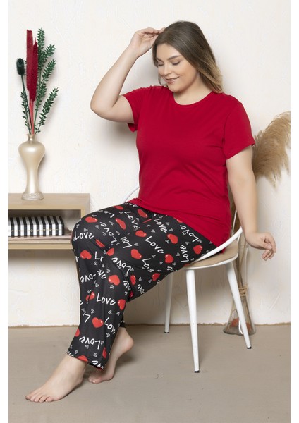 Büyük Beden Kırmızı Renkli Kalp Desenli Kısa Kollu Battal Pijama Takımı B-30