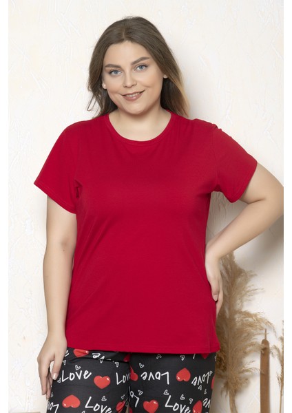 Büyük Beden Kırmızı Renkli Kalp Desenli Kısa Kollu Battal Pijama Takımı B-30 fiyatları