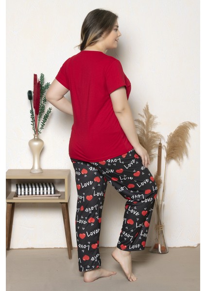 Büyük Beden Kırmızı Renkli Kalp Desenli Kısa Kollu Battal Pijama Takımı B-30 modelleri