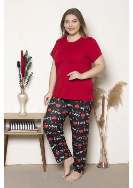 Büyük Beden Kırmızı Renkli Kalp Desenli Kısa Kollu Battal Pijama Takımı B-30 fırsatları