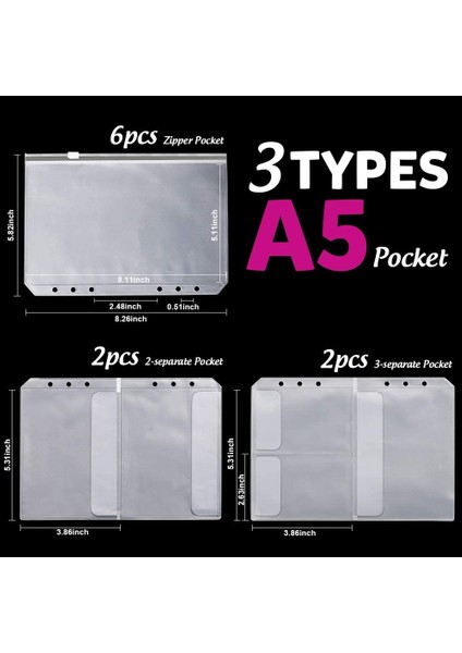 A5 2 Cepler-6pcs Tarzı A5 6 Halka Dosya Cepi 3 Çeşit - Fermuarlı Zarf ve 2 Cepli Dosya Çantası ve Filofax Düzenleyici Için 3 Ayrı Cep - (Yurt Dışından)