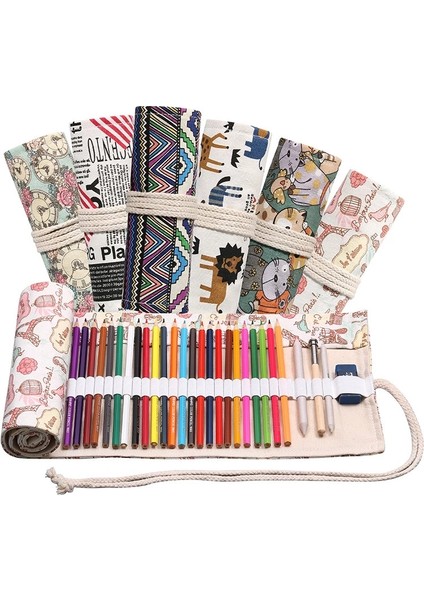 D-72 Delik Stili Renkli Kumaş Kalem Kutusu Makyaj Kalem Saklama Çantası Kalem Rulosu Okul Malzemeleri (Yurt Dışından) fırsatları
