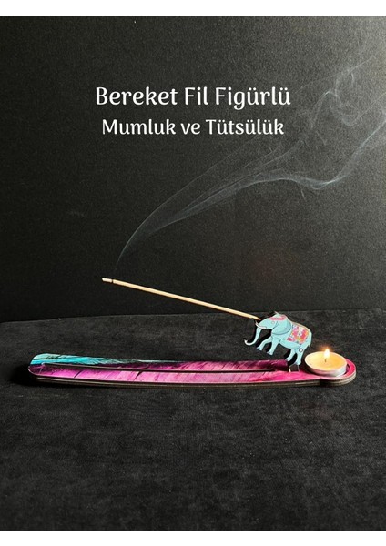 Ahşap Kesim Fil Figürlü Mumluk ve Tütsülük Çubuk Tütsülük Tea Light Mumluk