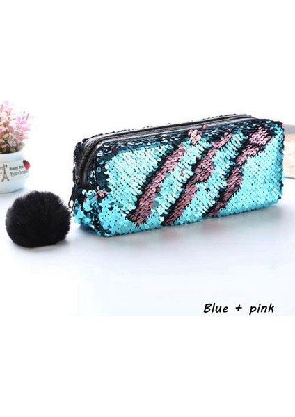 Mavi Artı Pembe Tarzı Kızlar Için Sevimli Payetli Kalem Kutusu Okul Malzemeleri Ponponlu Kalem Kutusu Okul Kırtasiye Hediye Kalem Kutusu Kılıfı (Yurt Dışından)