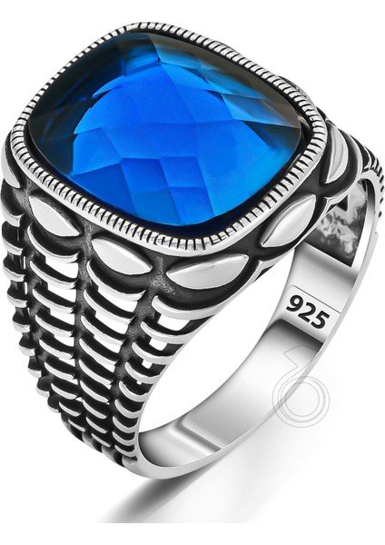 925 Ayar Gümüş Mavi Zirkon Taşlı Erkek Yüzük