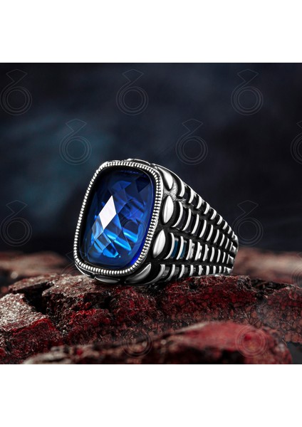 925 Ayar Gümüş Mavi Zirkon Taşlı Erkek Yüzük modelleri