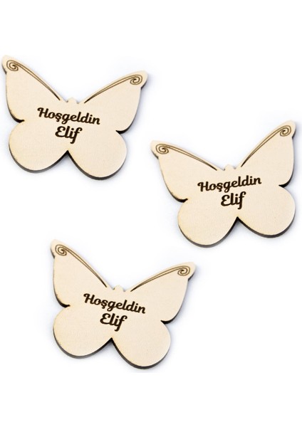 50 Adet Isme Özel Ahşap Magnet Süslü Kelebek Figürlü Hoşgeldin Bebek Standart