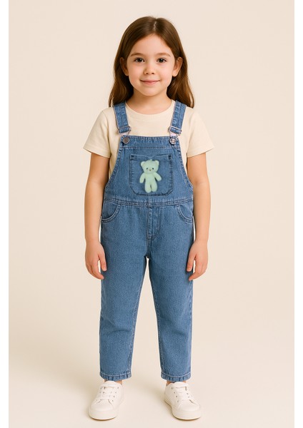 Peluş Ayıcık Detaylı Kız Çocuk Kot Salopet Tulum 3-10 Yaş Rahat Günlük Yazlık Denim Kıyafet