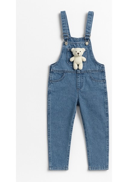 Peluş Ayıcık Detaylı Kız Çocuk Kot Salopet Tulum 3-10 Yaş Rahat Günlük Yazlık Denim Kıyafet