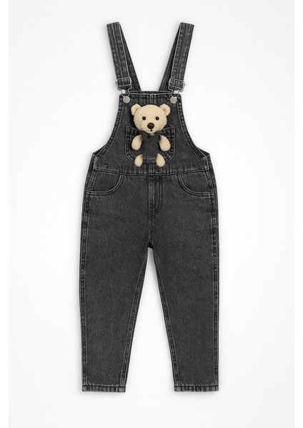 Peluş Ayıcık Detaylı Kız Çocuk Kot Salopet Tulum 3-10 Yaş Rahat Günlük Yazlık Denim Kıyafet
