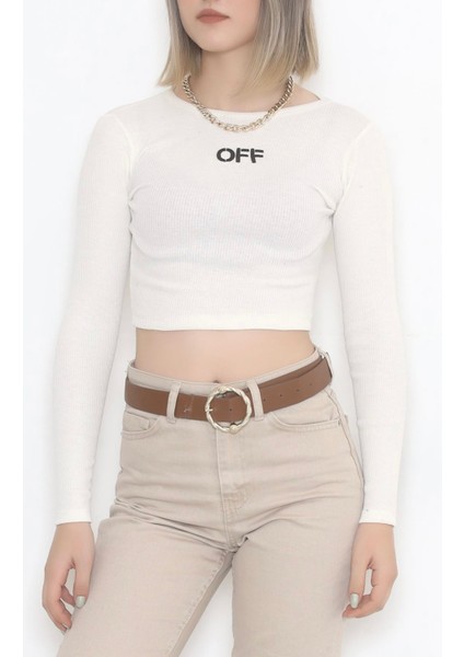 Kadın Uzun Kollu Off Nakışlı Fitilli Crop Body