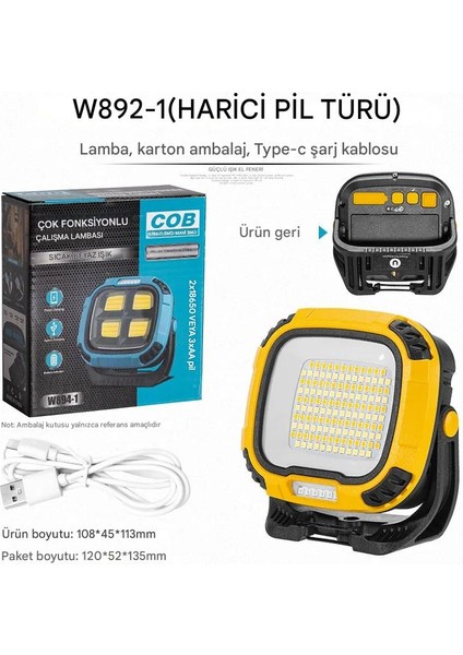 W892 Çok Fonksiyonlu Şarj Edilebilir Lamba LED Çalışma Lambası 4000K-7000K-KIRMIZI (Powerbank)