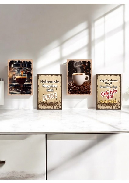 4 Parça Dekoratif A4 Mdf Tablo, Cafe Tabloları , Kahve Köşesi Tabloları , Duvar Tabloları , Çerçeve Görünümlü Dekoratif Hediyelik