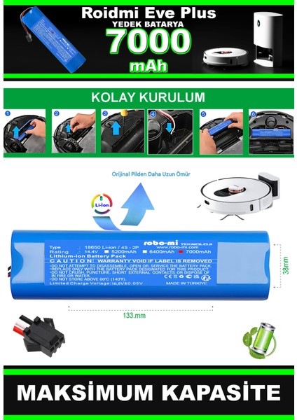 Roıdmı Eve Plus 7000 Mah Uyumlu Batarya Robot Süpürge Pili