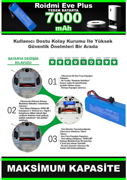 Roıdmı Eve Plus 7000 Mah Uyumlu Batarya Robot Süpürge Pili