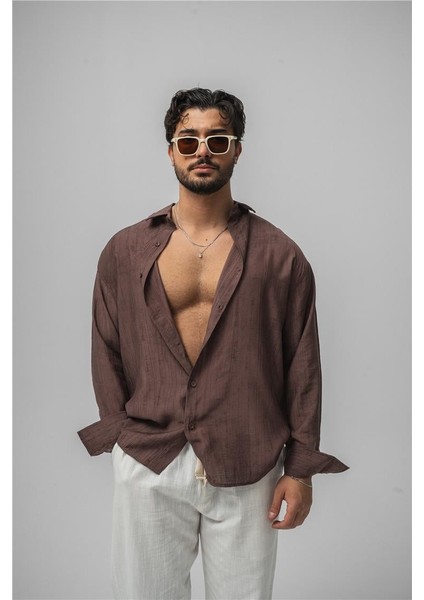 Erkek Wrinkled Linen Oversize Gömlek Kahve
