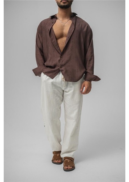 Erkek Wrinkled Linen Oversize Gömlek Kahve