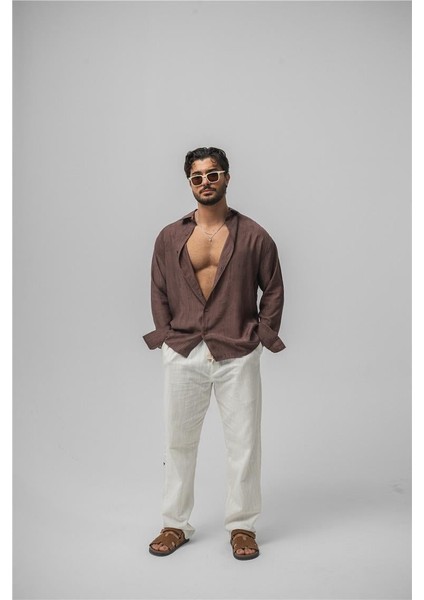 Erkek Wrinkled Linen Oversize Gömlek Kahve