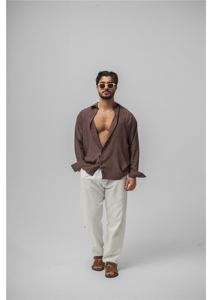 Erkek Wrinkled Linen Oversize Gömlek Kahve