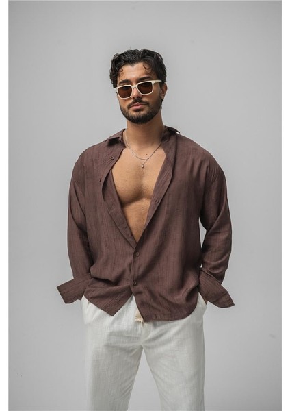 Erkek Wrinkled Linen Oversize Gömlek Kahve