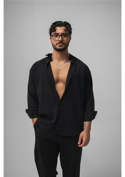 Erkek Wrinkled Linen Oversize Gömlek Siyah