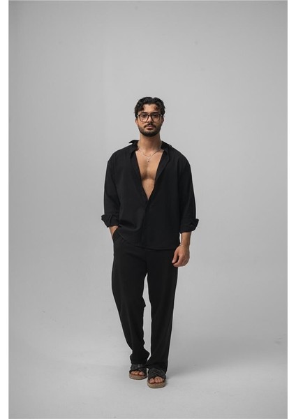 Erkek Wrinkled Linen Oversize Gömlek Siyah
