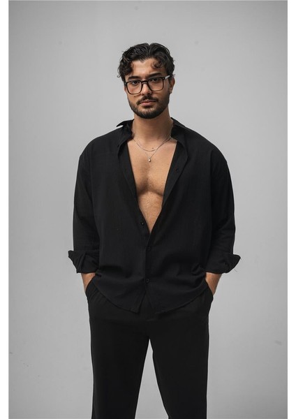 Erkek Wrinkled Linen Oversize Gömlek Siyah