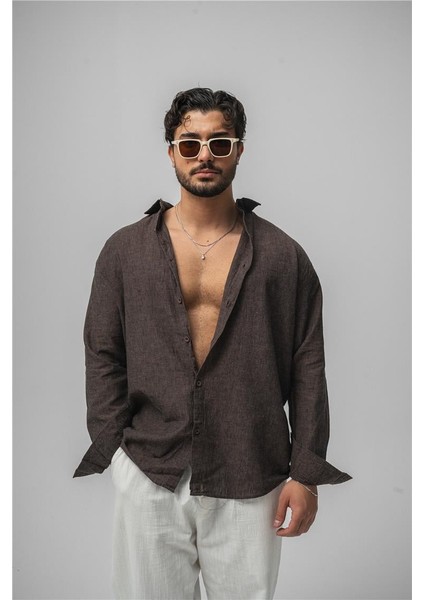 Erkek Keten Simple Oversize Gömlek Kahve