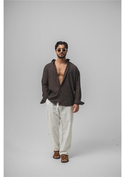 Erkek Keten Simple Oversize Gömlek Kahve