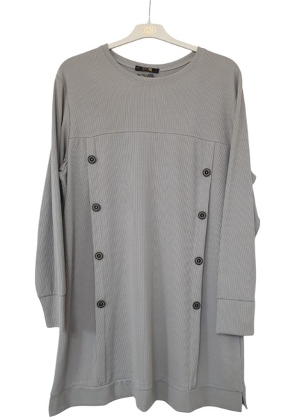 Büyük Beden Fitilli Kumaş Düğme Detaylı Tunik Boy 90 cm