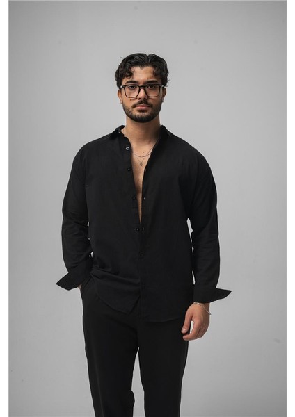 Erkek Keten Simple Oversize Gömlek Siyah