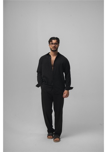 Erkek Keten Simple Oversize Gömlek Siyah