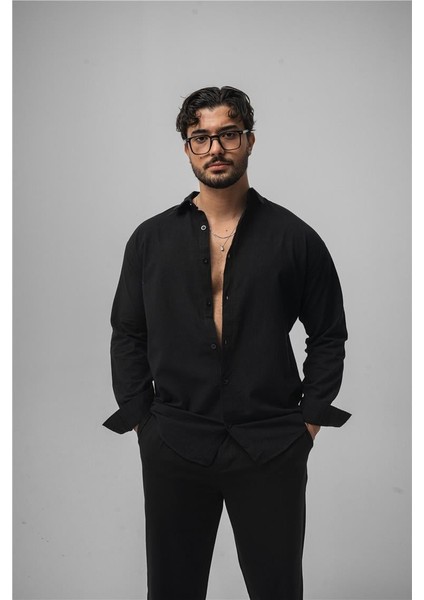Erkek Keten Simple Oversize Gömlek Siyah