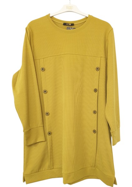 Büyük Beden Fitilli Kumaş Düğme Detaylı Tunik Boy 90 cm