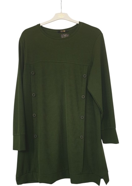 Büyük Beden Fitilli Kumaş Düğme Detaylı Tunik Boy 90 cm