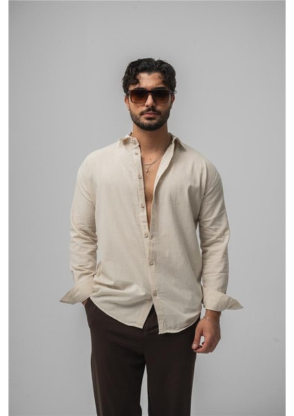 Erkek Keten Simple Oversize Gömlek Bej
