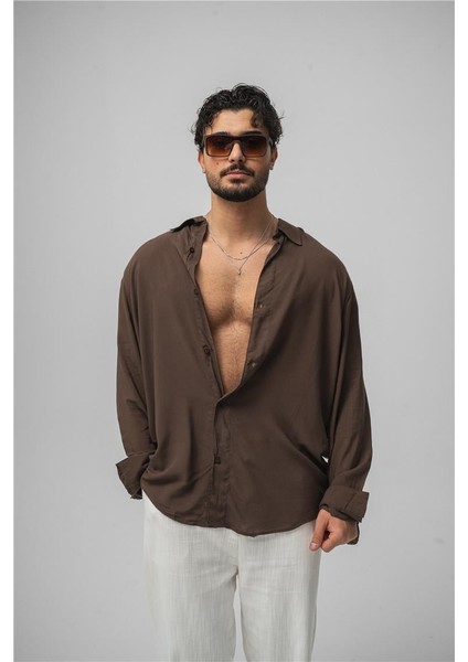 Erkek Dökümlü Oversize Gömlek Kahve