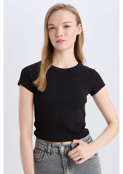 Coool Fitted Basic Düz Fitilli Kaşkorse Kısa Kollu Tişört Black