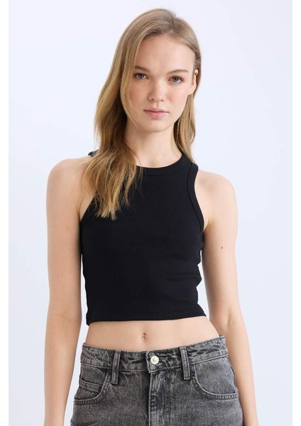 Fitted Halter Yaka Fitilli Kaşkorse Atlet Black
