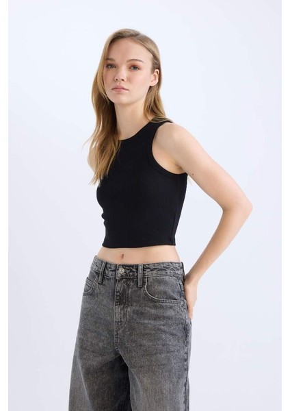 Fitted Halter Yaka Fitilli Kaşkorse Atlet Black
